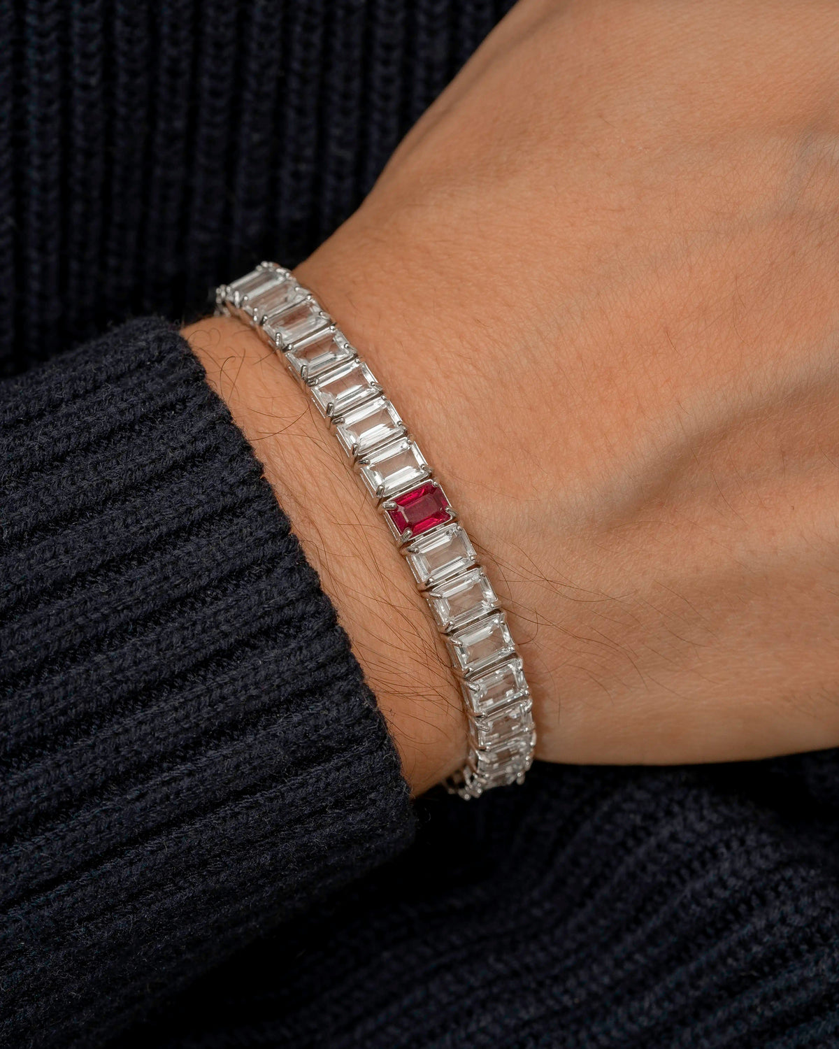 Ruby + White Topaz Rectangular Tennis Bracelet 4x6mm – view 2