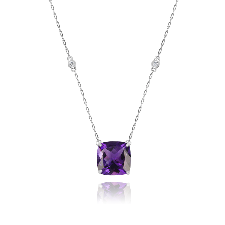 Amethyst Cushion + 2 Diamonds Necklace in a white finish (sterling silver or 18k white gold)