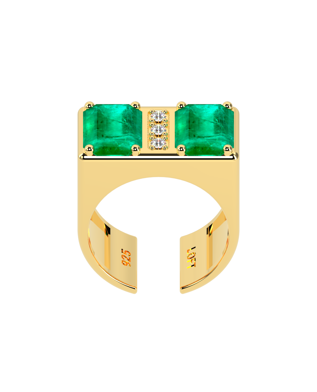 Double Ring – Emerald + 3 Diamonds in yellow gold-plated silver