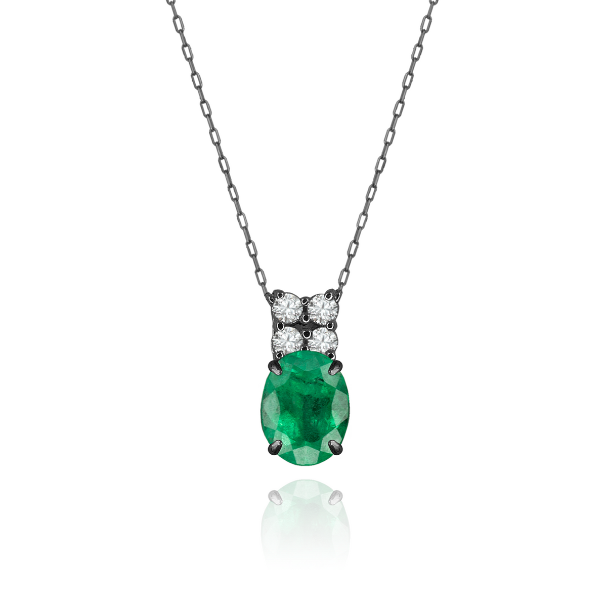 Emerald + 4 Diamonds Necklace in black rhodium-plated silver