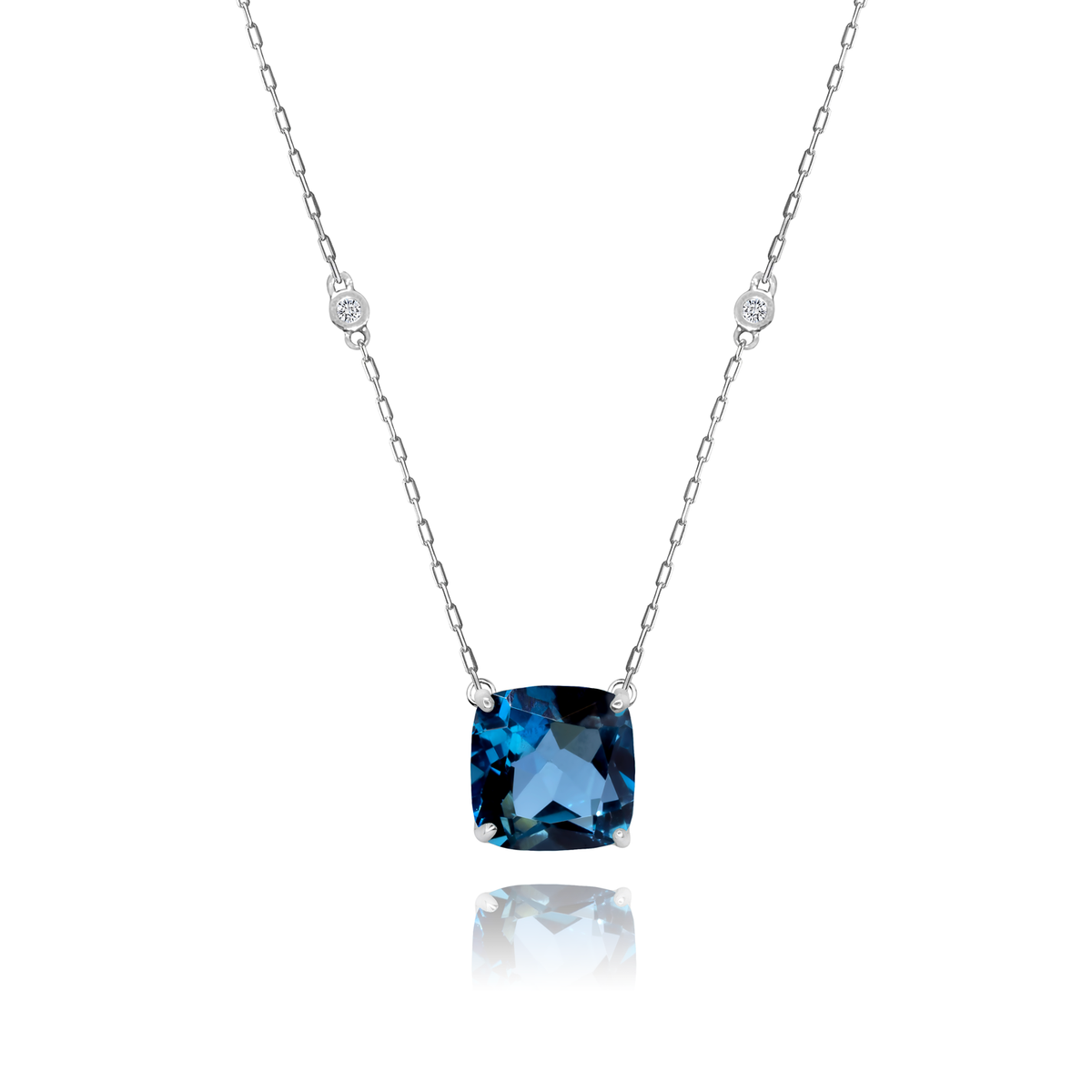 London Blue Topaz Cushion + 2 Diamonds Necklace in a white finish (sterling silver or 18k white gold)