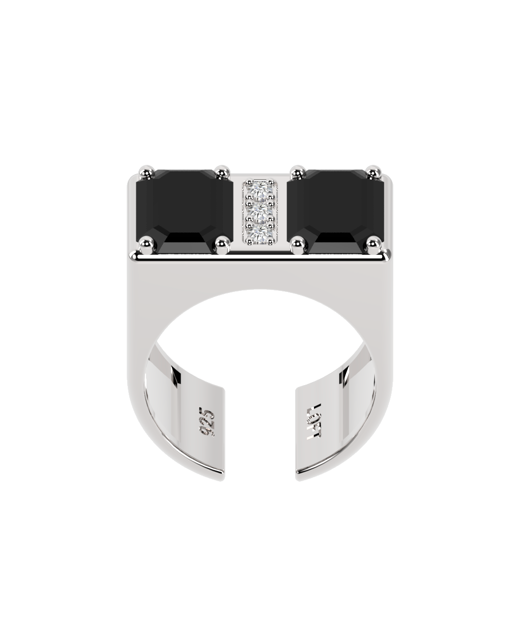 Double Ring – Onyx + 3 Diamonds in 925 sterling silver or white rhodium-plated silver