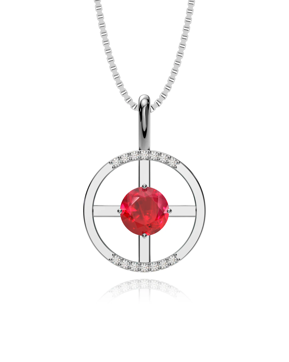 Arc Necklace – Ruby + Diamonds in a white finish (sterling silver or 18k white gold)