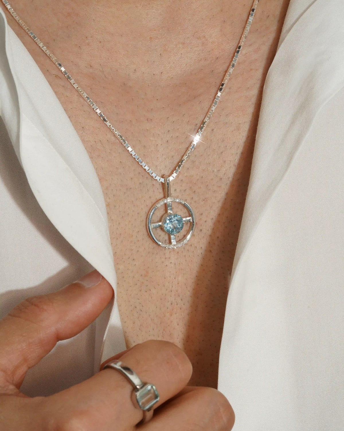 Arc Pendant – Sky Blue Topaz + Diamonds – worn by a model – view 9