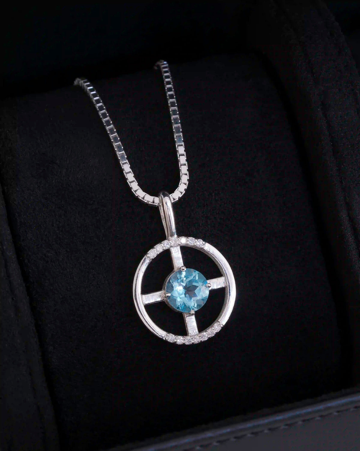 Arc Necklace – Sky Blue Topaz + Diamonds – in its jewelry case