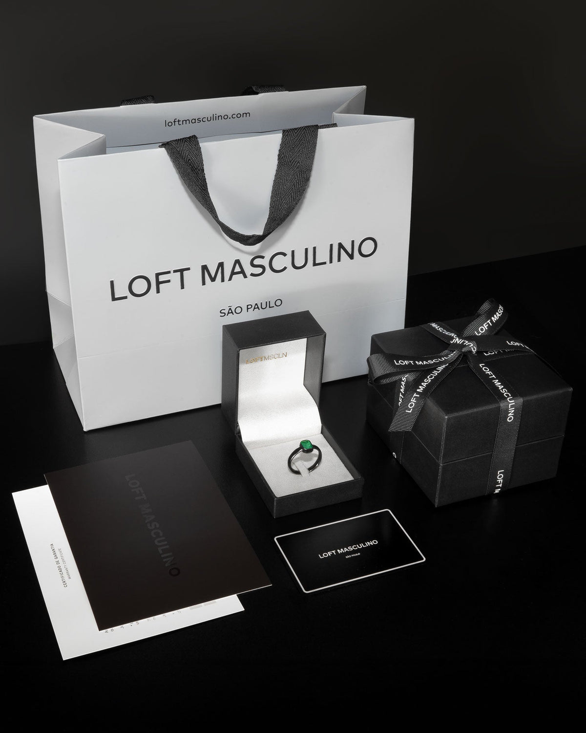 Loft Masculino packaging – black leather case with off-white suede interior