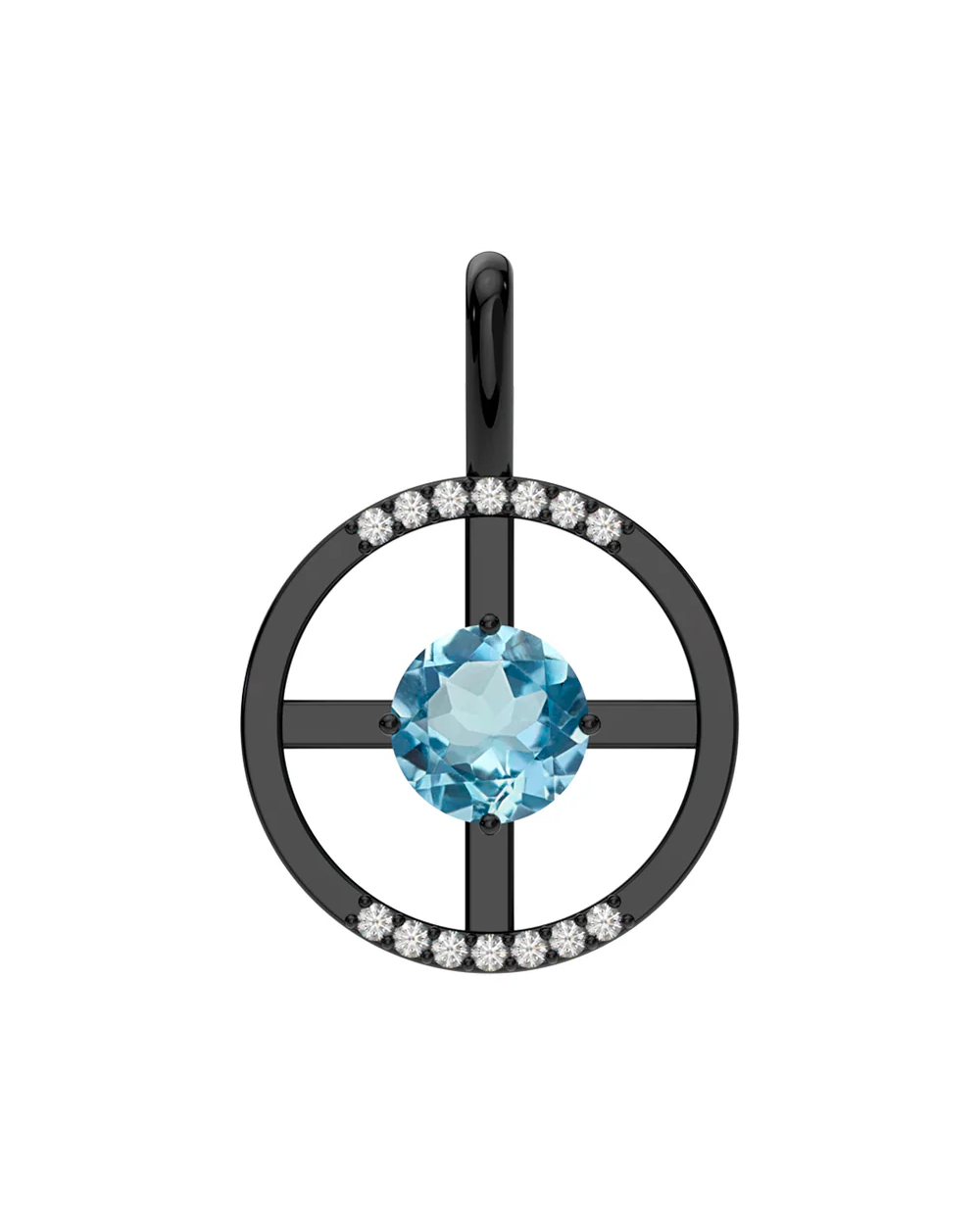 Arc Pendant – Sky Blue Topaz + Diamonds in black rhodium-plated silver