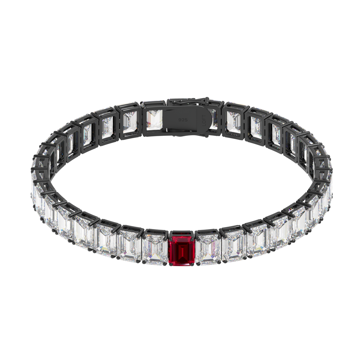 Ruby + White Topaz Rectangular Tennis Bracelet 4x6mm in black rhodium-plated silver