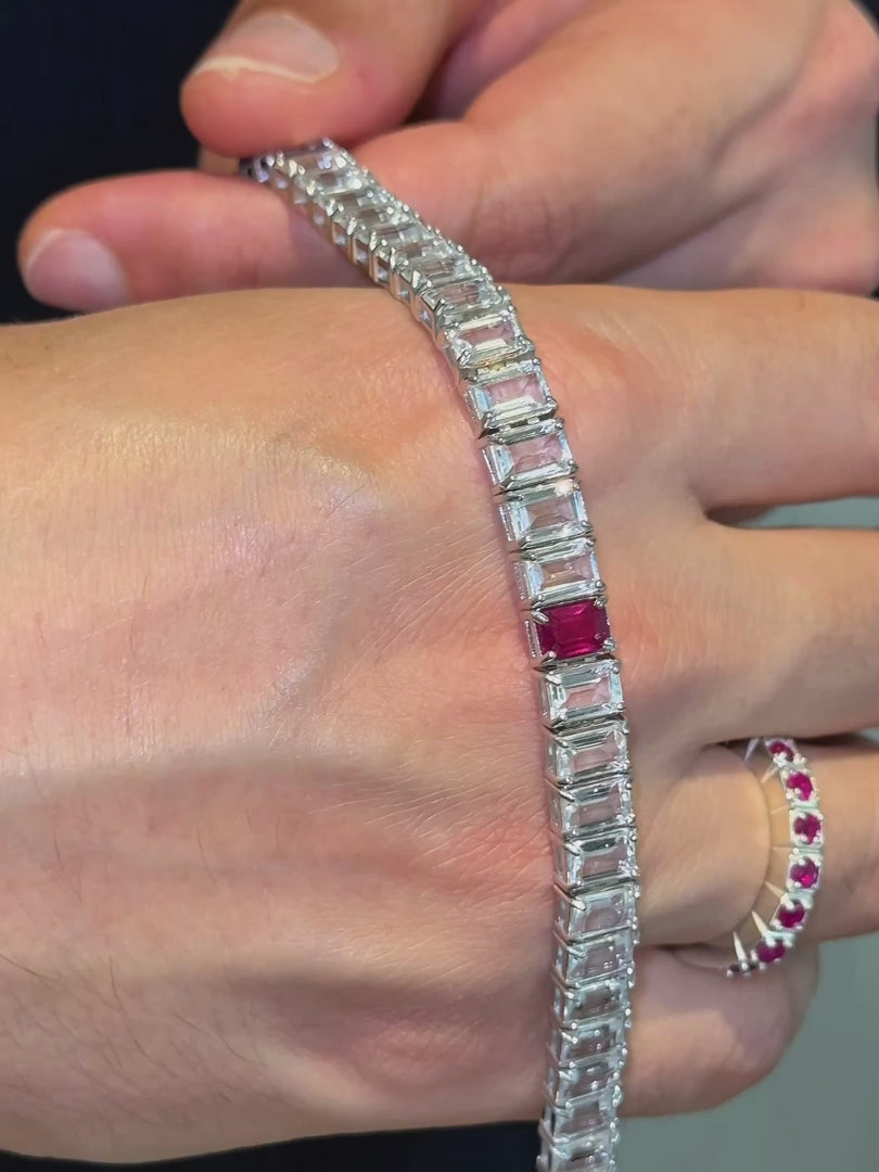 Ruby + White Topaz Rectangular Tennis Bracelet 4x6mm – video 2