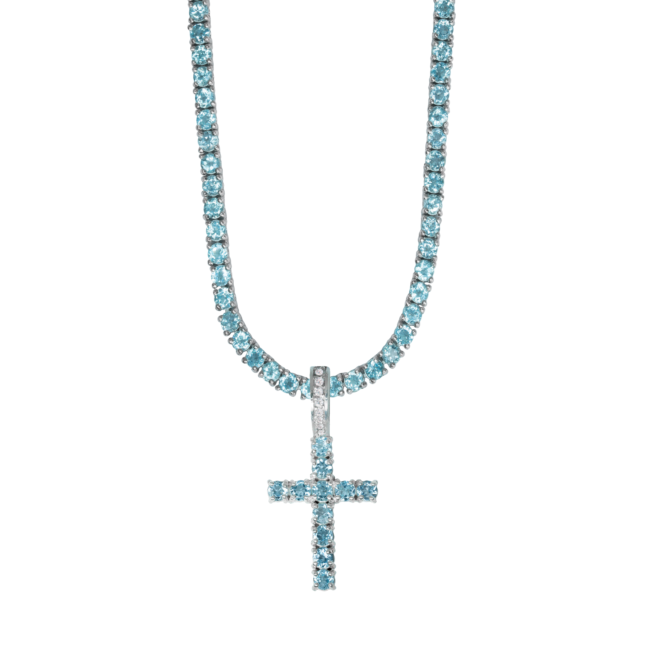 Tennis Chain + Cross - Sky Topaz